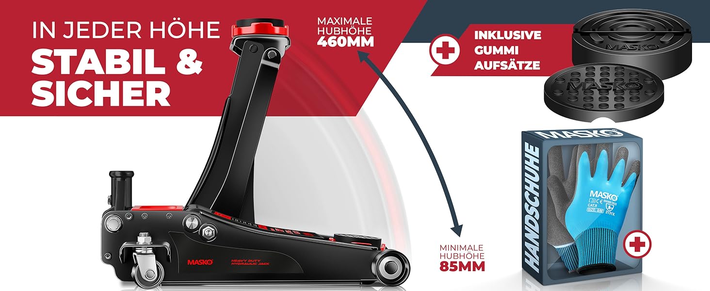 Гідравлічний домкрат MASKO 3T з низьким профілем 85-460мм, 3 гумові накладки, для легкових авто та SUV, ролики 360°, рукавички в комплекті. Домкрат під автомобіль до 3 тонн - Чорний