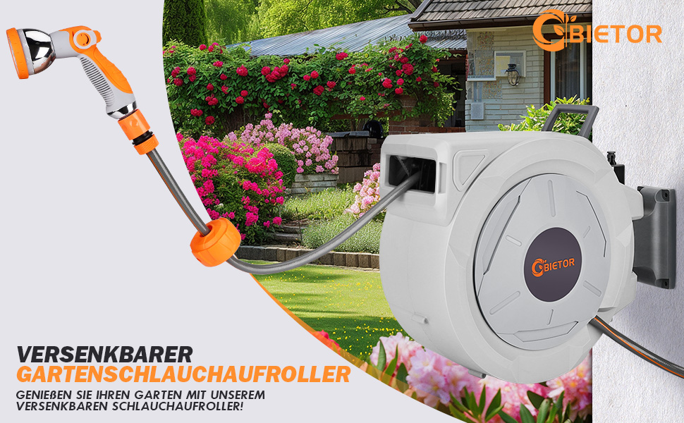 Висувна касетна система для садового шланга 20м + 2м з пістолетом, повільний зворотний механізм, фіксація будь-якої довжини, поворотна кріплення 180°