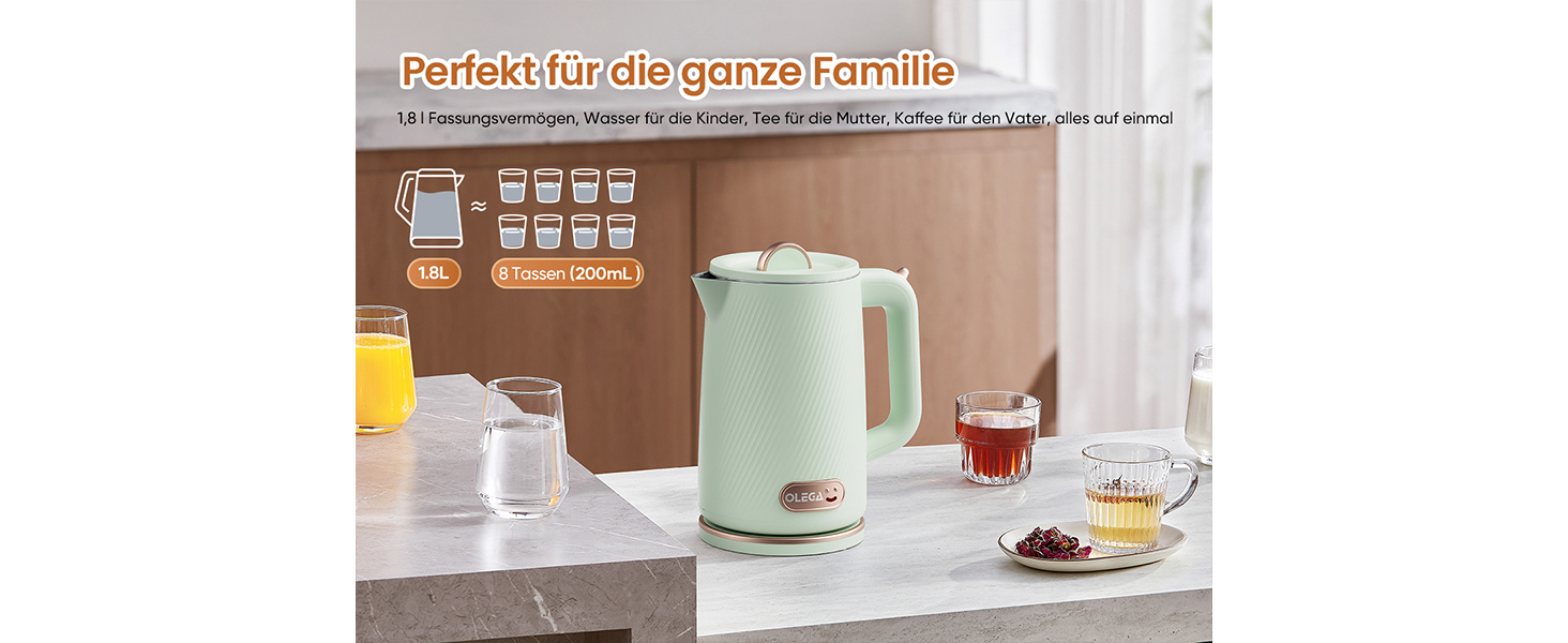 Електричний чайник OLEGA 1.8L, 1800W, з автоматичним відключенням та захистом від сухого кип'ятіння, нержавіюча сталь 304, без BPA, зелений