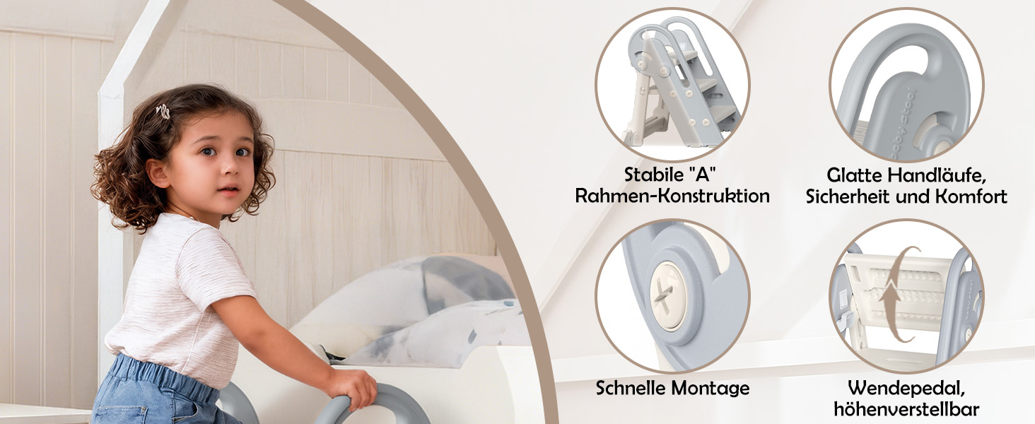 Дитячий підсвічник Onasti Tritthocker: регульована висота, 3 ступені, з ручками, складний, анти-кіп та анти-ковзний, для кухні, ванної кімнати, умивальника та туалету (сірий)