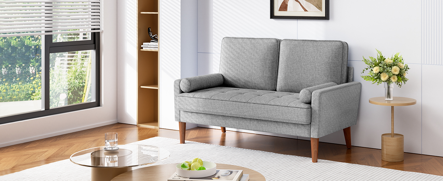 Диван Vesgantti 2-місний, 121 см, сучасний дизайн, 2 подушки, сірий льон для вітальні/квартири/офісу