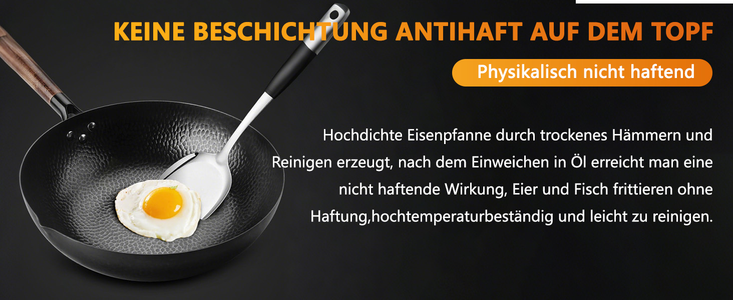 LIYGAOF Вок з кришкою 32 см з чавуну: Вок для всіх типів плит, кована чавунна сковорода, без хімічного покриття, легко миється