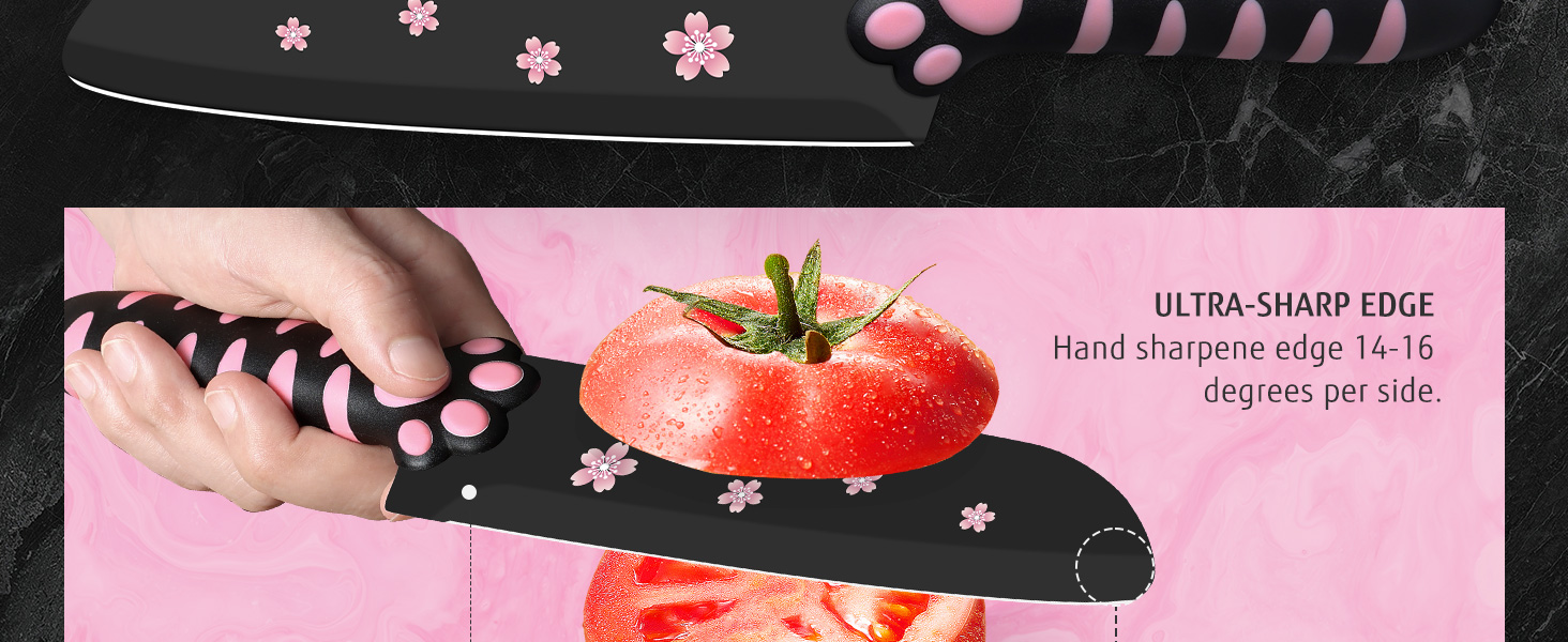 Набір кухонних ножів MEOWKIT 5 шт. з підставкою, нержавіюча сталь, набір ножів у формі котів, чорний/рожевий