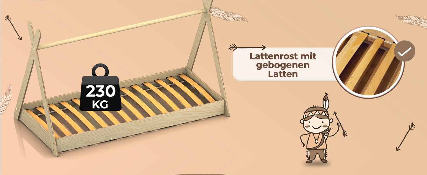 Дерев'яне ліжко-дитячий будиночок Smartwood 90x200 - Монтессорі Tipi F з сосни з сертифікатом FSC, захист від падіння та ламелі до 230 кг для хлопчиків та дівчаток, проста збірка, ліжко на підлозі