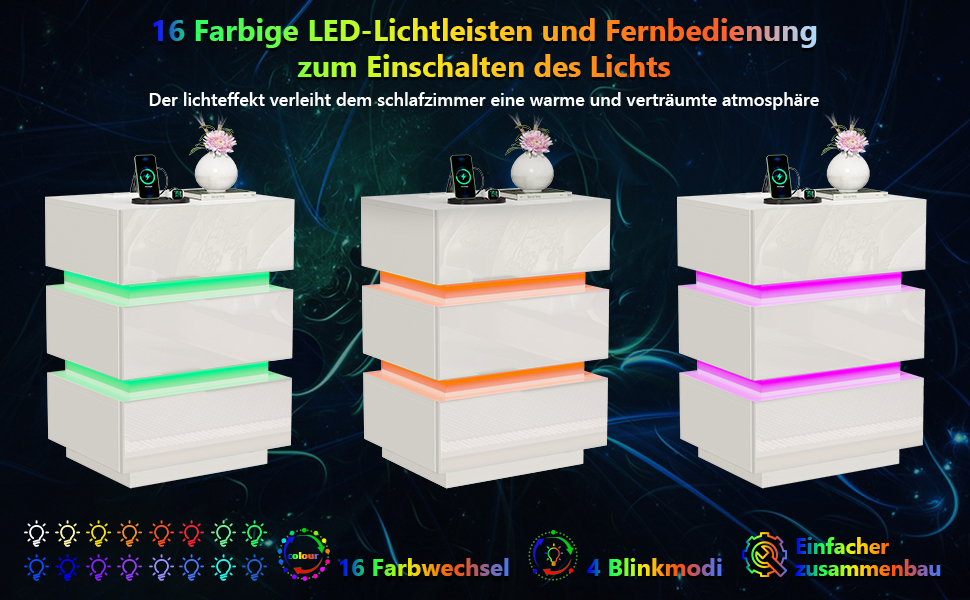 Нічний столик з розеткою та LED, нічний комод з функцією зарядки та USB, 2 висувні ящики (45x35x46/62 см, білий, набір 2 шт.)