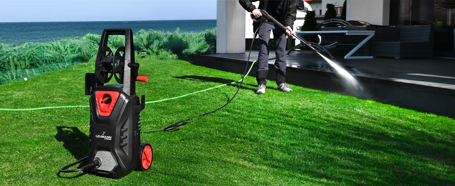 Високотискний мийник LEHMANN Hudson з алюмінієвим насосом, 1800 Вт, макс. 220 бар, продуктивність 450 л/год, комплектація: щітка для тераси, піногенератор, щітка для дисків, ідеальний для миття автомобілів