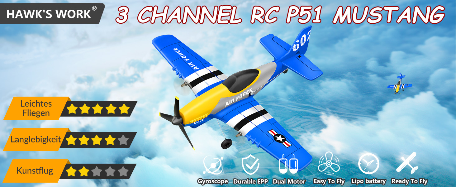 RC літак HAWK'S WORK P-51D Mustang 2.4GHz, готовий до польоту, 6-осьовий гіростабілізатор, синій - для дітей та початківців