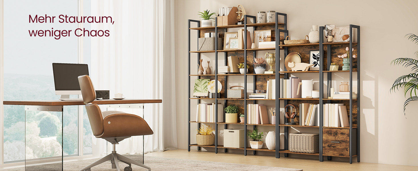 Стелаж VASAGLE з 5 відкритими полицями: для кухні, вітальні, офісу, промисловий дизайн, 24 x 128 x 154,1 см, vintagebraun-tintenschwarz