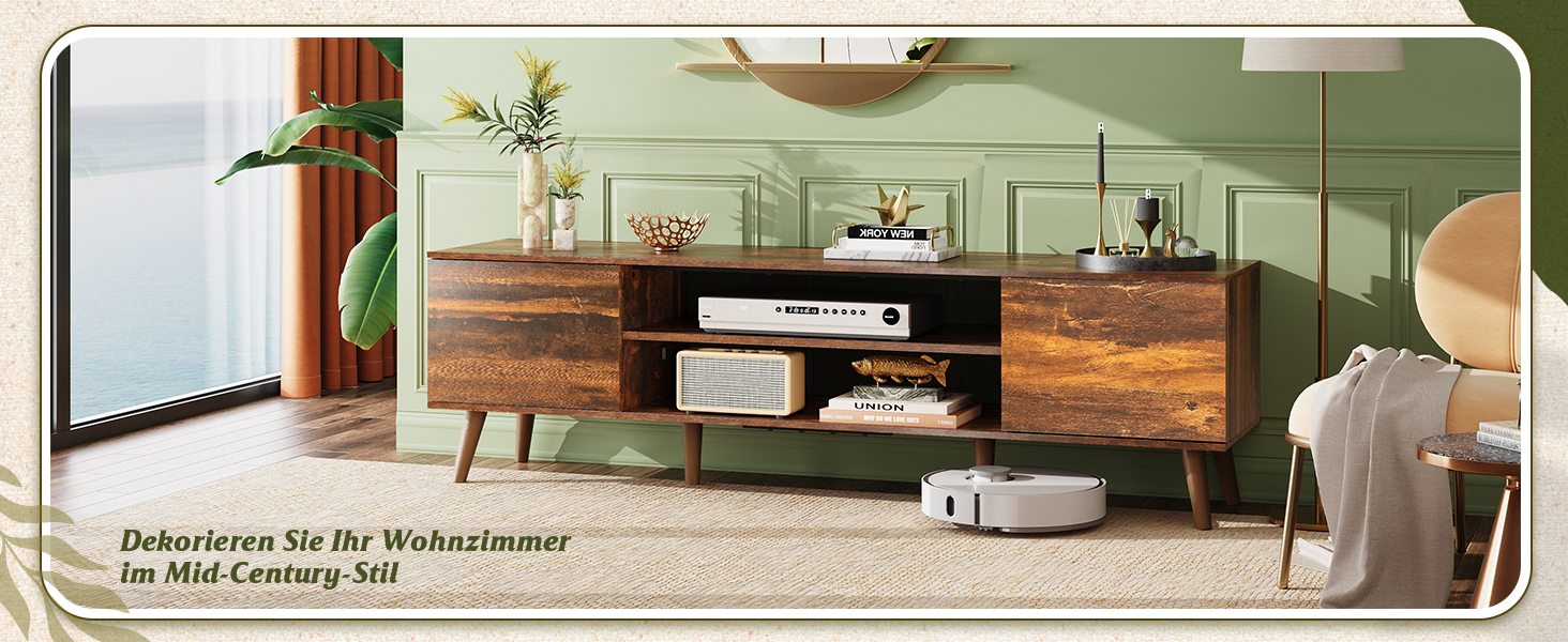 Тумба під телевізор WLIVE 160x40x47 см з двома дверцятами та відкритими полицями, вітальня, спальня, вінтажний коричнево-чорний