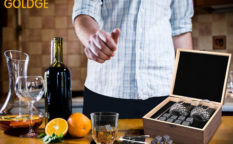 Подарунковий набір GOLDGE 14PCS Whisky Stones з келихами, кліпсою для льоду, підставками та оксамитовими мішечками