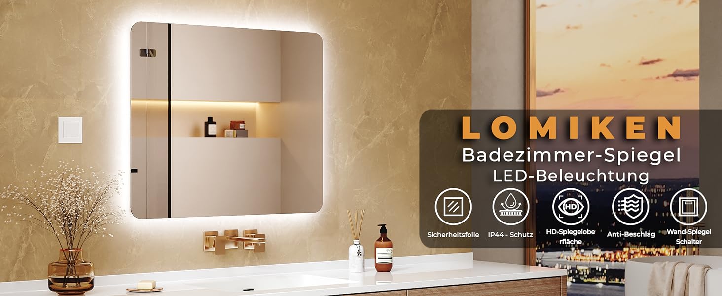 Дзеркало для ванної кімнати LOMIKEN з підсвічуванням, 60 x 50 x 3,5 см, LED, 6400K, холодний білий, енергозбереження, вертикальне/горизонтальне кріплення