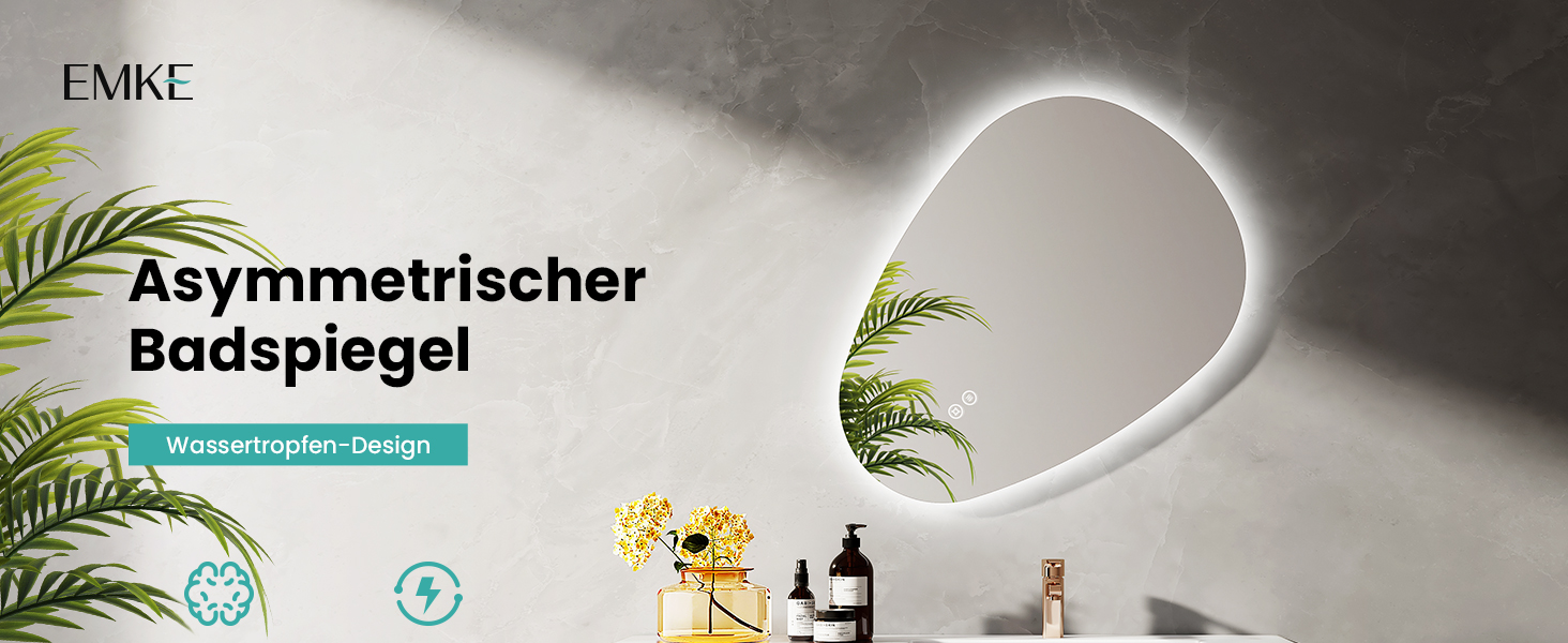 Дзеркало для ванної кімнати EMKE з підсвічуванням 80x60 см, з полицею, антизапар, регульоване холодне біле світло 6500K, сенсорне управління, функція пам'яті, асиметричне дзеркало для ванної кімнати (70L x 50B см)