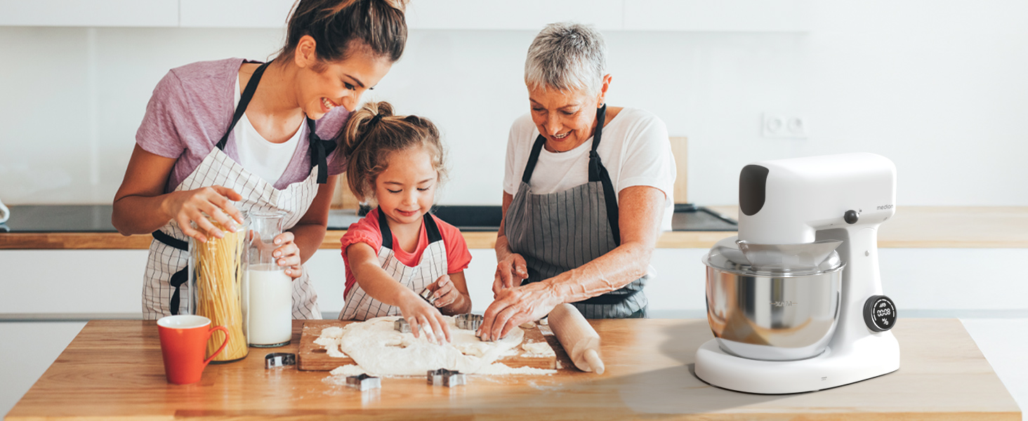 Кухонна машина MEDION MD 12600 з м'ясорубкою, 4.6 л чаша з нержавіючої сталі, тихий двигун, 800 Вт, набір насадок для натирання, шинкування та нарізання, сенсорний дисплей, міксер, тістоміс