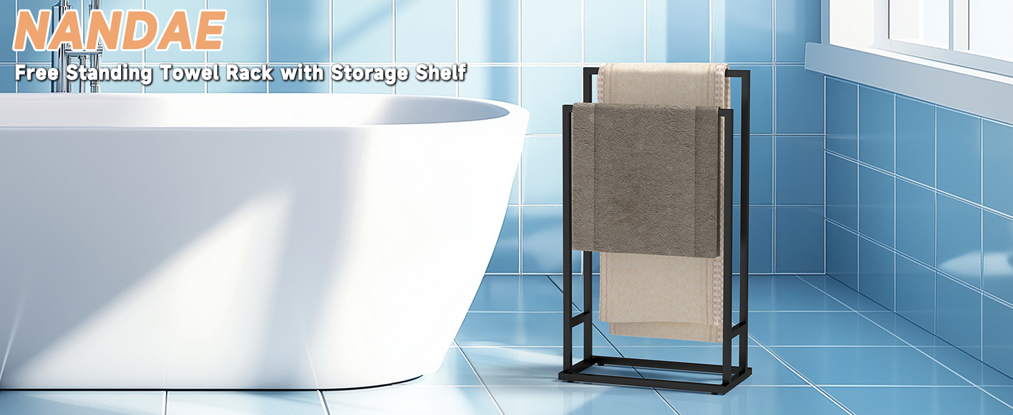 Підставка для рушників на підлозі, металева, чорна, з 2 перекладинами, для ванної кімнати, стабільна, економна