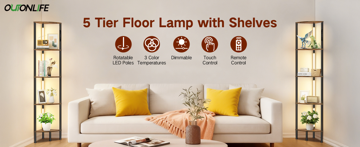 LED торшер з полицею, 3 режими світла, димування (сенсор/пульт), кутова полиця 5-рівнів, вузький книжковий стелаж для вітальні, спальні, офісу (білий)
