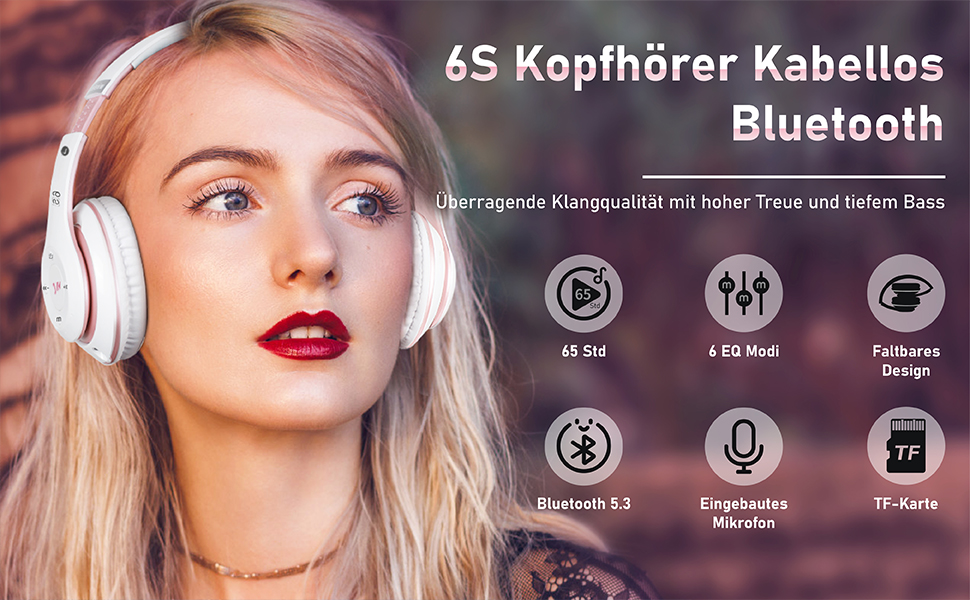 Накладні Bluetooth-навушники Lankey Sound, 6 режимів еквалайзера, 65 годин, HD-мікрофон, FM, SD/TF (біле золото)