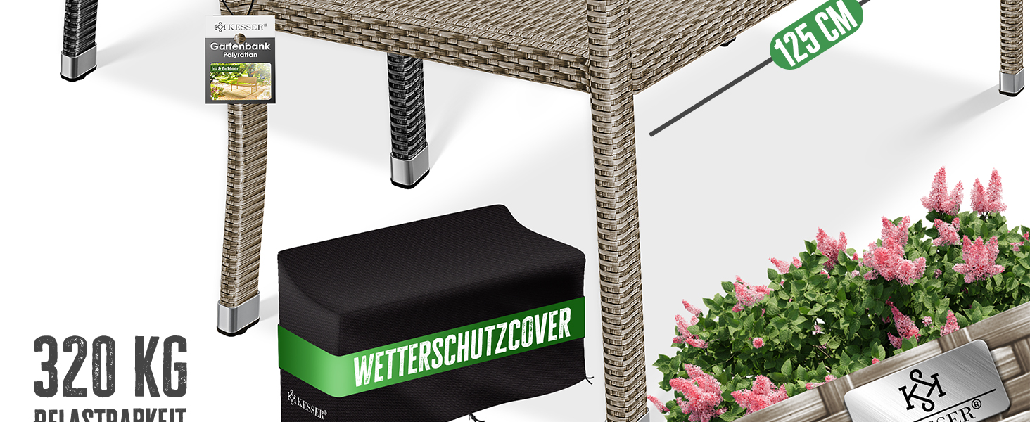 Садовий диван KESSER® з ротангу на 2 особи, вологостійкий, 125x62x90 см | Знімний чохол, ергономічні підлокітники, до 320 кг, антрацит