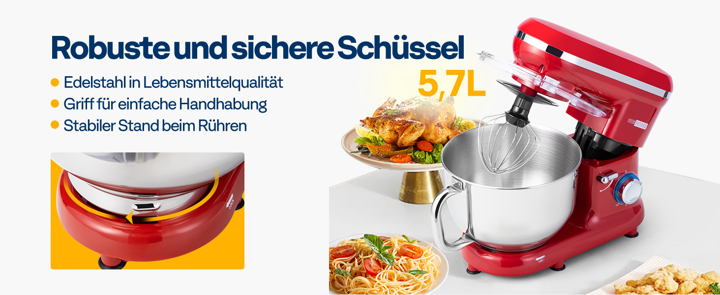 Кухонна машина VIVOHOME 5.7L: потужний міксер з 10 швидкостями, функцією імпульсу та набором насадок (червоний)