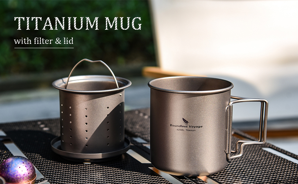 iBasingo чашка Titan 420мл з ситечком для чаю та кришкою. Легка туристична чашка з фільтром, для кемпінгу, подорожей, пікніків. Модель Ti3054D