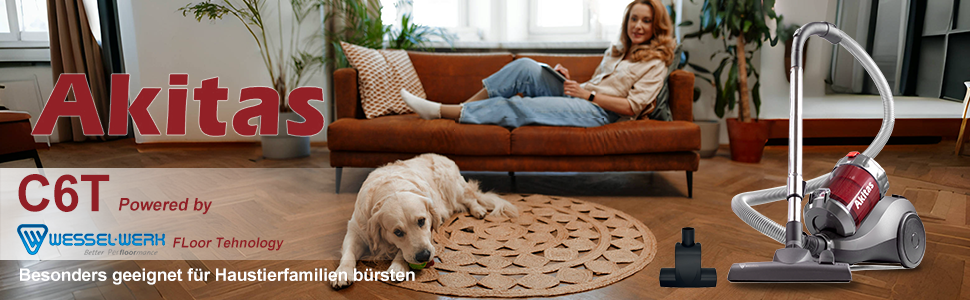 Акіта 800W безмішковий пилосос з сильною тягою та німецьким насадкою Wessel 2-в-1 для твердих підлог та килимів (C6 Turbo)