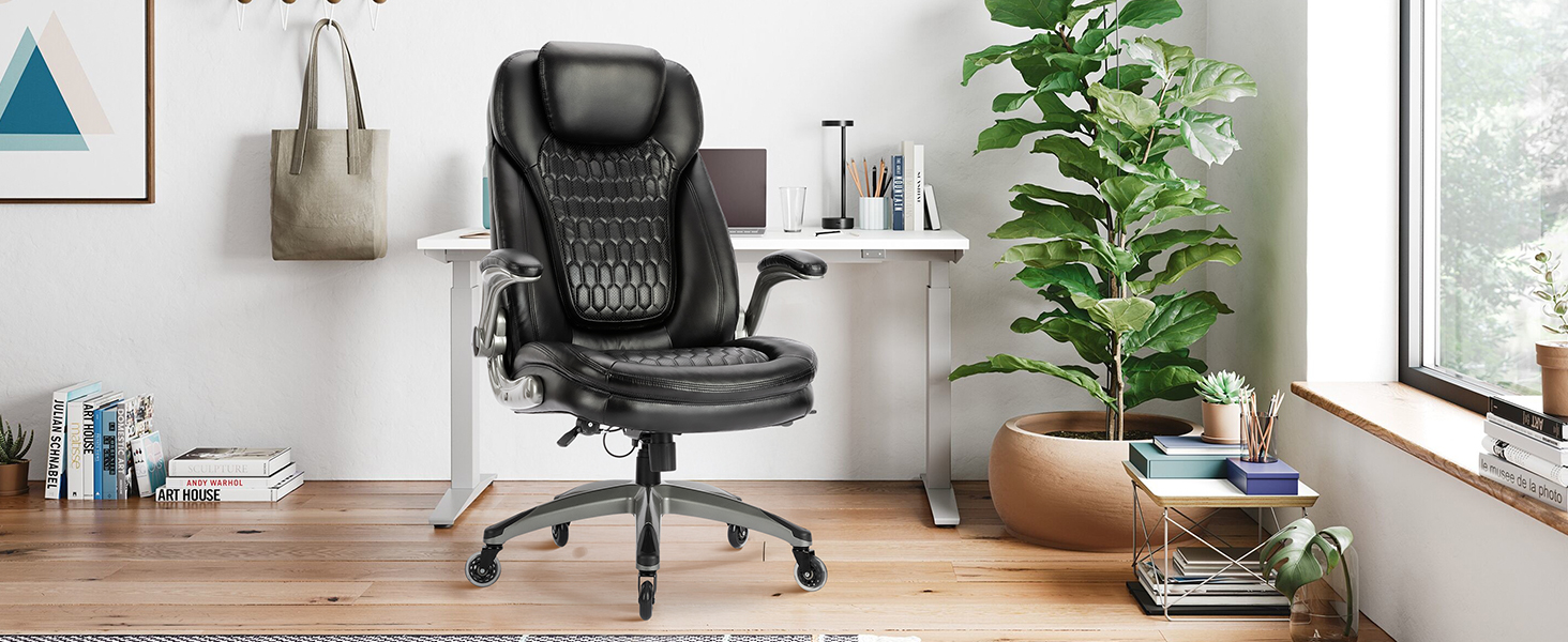 Крісло шеф COLAMY з дихаючої шкіри – ергономічне офісне крісло з пружинним блоком, відкидними підлокітниками та тихими роликами для дому та офісу, чорне