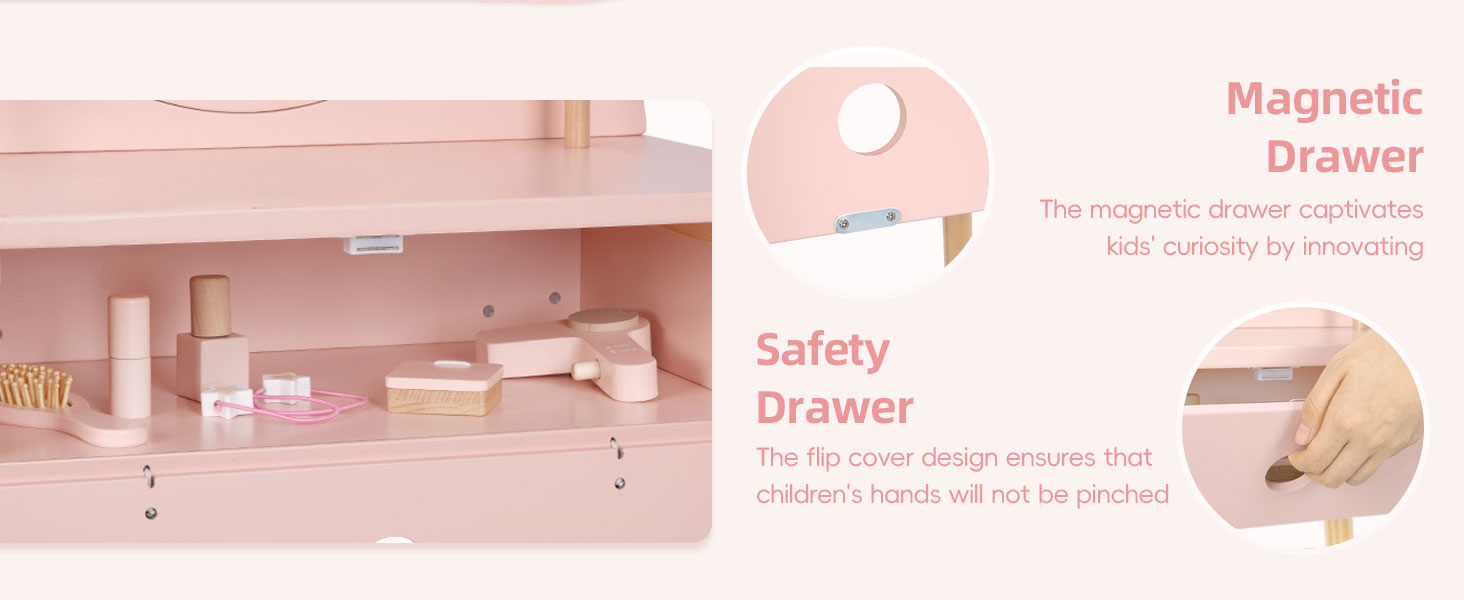 Дитячий туалетний столик OOOK для дівчаток з дзеркалом та табуретом, рожевий, з дерева