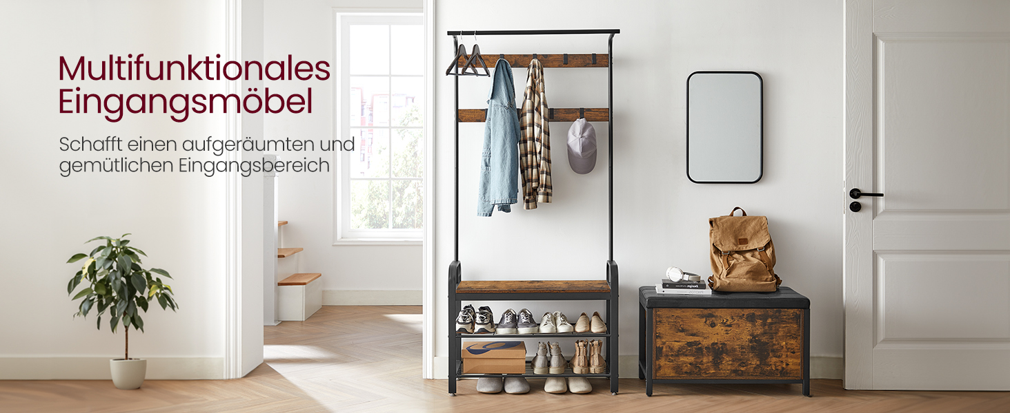 Стійка для одягу VASAGLE з полицею для взуття, 4-в-1, 9 гачків, 33.7 x 72 x 183 см, індустріальний дизайн, горіхово-коричневий/чорний