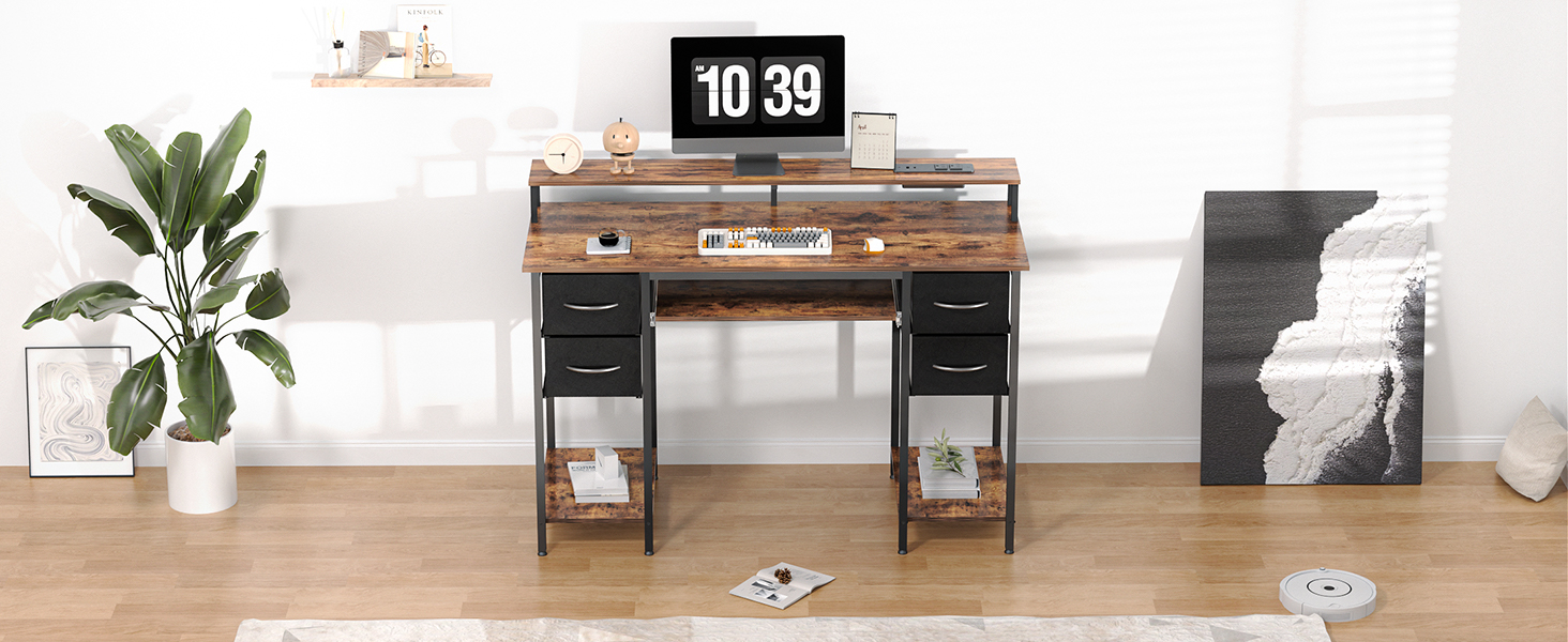 Ігровий стіл BEXEVUE з розетками та LED-підсвіткою 120x50 см - сучасний комп'ютерний стіл з підставкою для клавіатури, 4 висувні ящики, велика полиця для навчання, ігор та роботи. Колір: коричневий