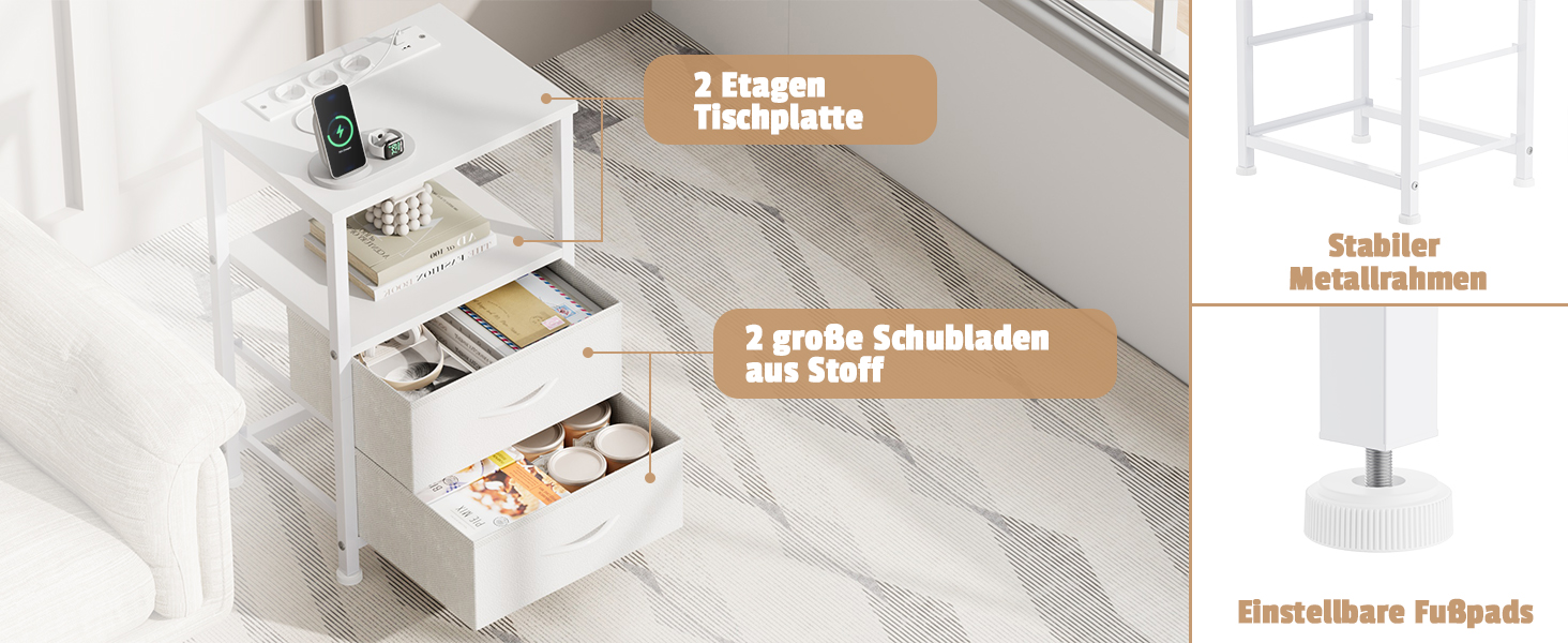 Нічний столик з LED-підсвіткою та функцією зарядки, з шухлядою, 3 розетки AC та USB, для вітальні/спальні (40T x 30B x 60H cm, Білий)