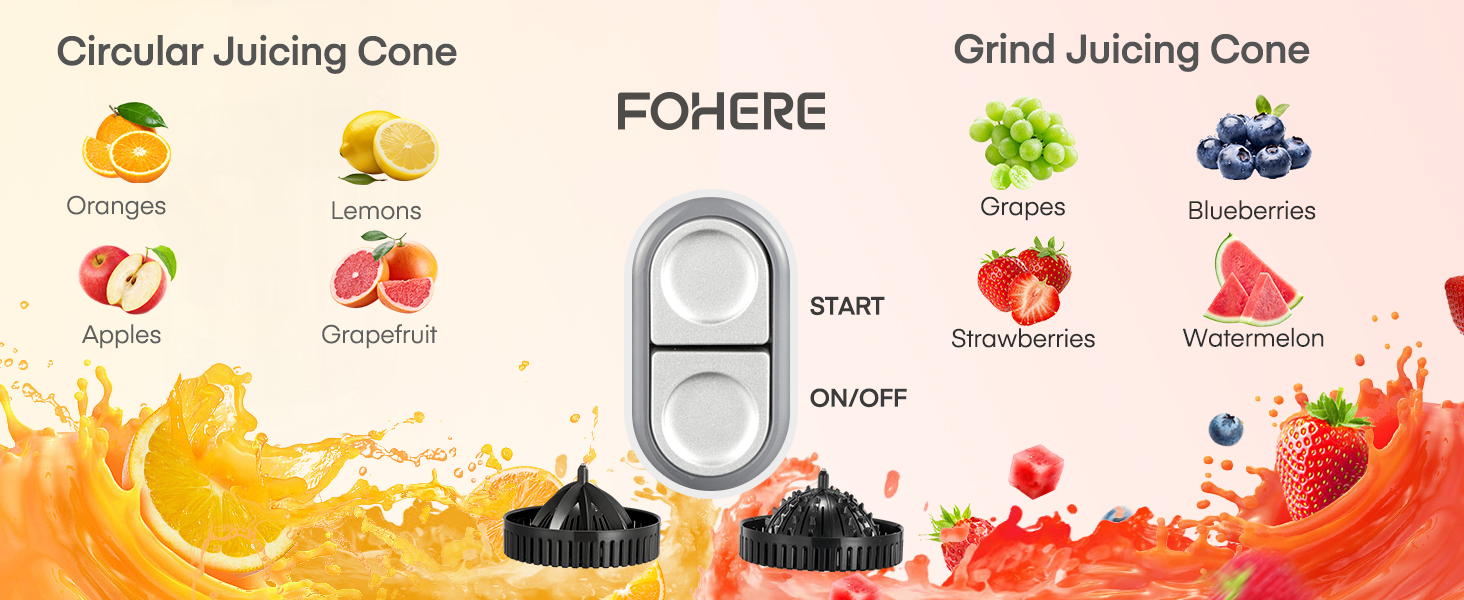 Електрична прес для цитрусових FOHERE, автоматична соковичавниця для апельсинів, грейпфрутів, лимонів, з потужним мотором 100W, без BPA, 2 конуси для різних фруктів, чорний