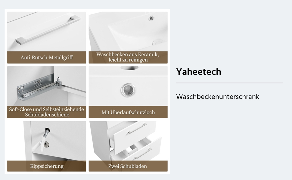 Тумба для ванної кімнати Yaheetech з умивальником і 2 ящиками, керамічний умивальник, білий, 614081 см