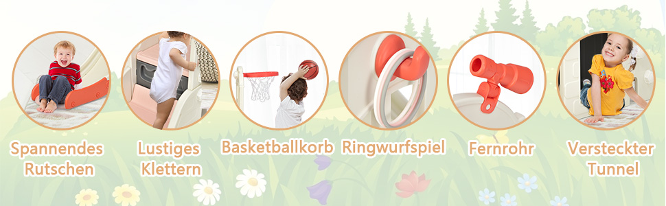 Дитячий ігровий комплекс COSTWAY 6-в-1: гірка, драбинка, баскетбольний кошик, кільця, тунель, телескоп (Рожевий)