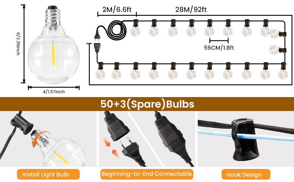 LED гірлянда для вулиці, 20м, G40, 30+2 лампочки, пластик, IP44, тепле біле світло, для саду, вечірки, шлюбної церемонії