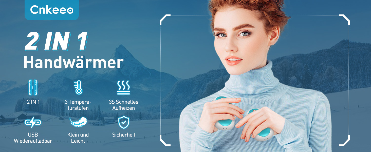 Електричні грілки для рук Cnkeeo, 2 шт. з роздільним магнітним з'єднанням, Powerbank USB, 3 режими нагріву, для спорту, риболовлі, полювання, чорно-білі (блакитно-білі)