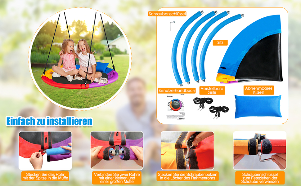 Шоукель-гніздо COSTWAY з подушкою та ручками, дитяча гойдалка з регульованим тросом 100-180 см, вантажопідйомність до 150 кг для дітей та дорослих, для використання в приміщенні та на вулиці, кольорова