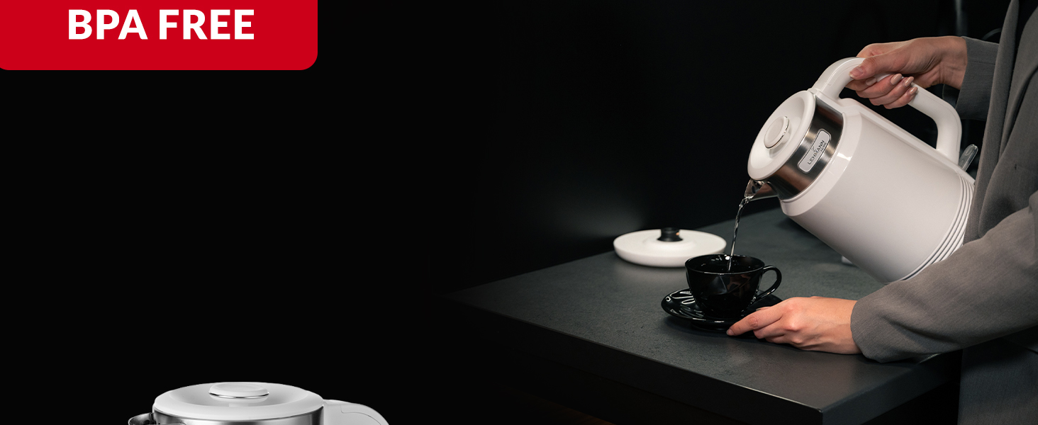 Електричний чайник Lehmann Edelstahl 2L, 2200W з подвійними стінками, автоматичним відключенням та захистом від перегріву, BPA-free, для великих сімей та офісів (Білий)