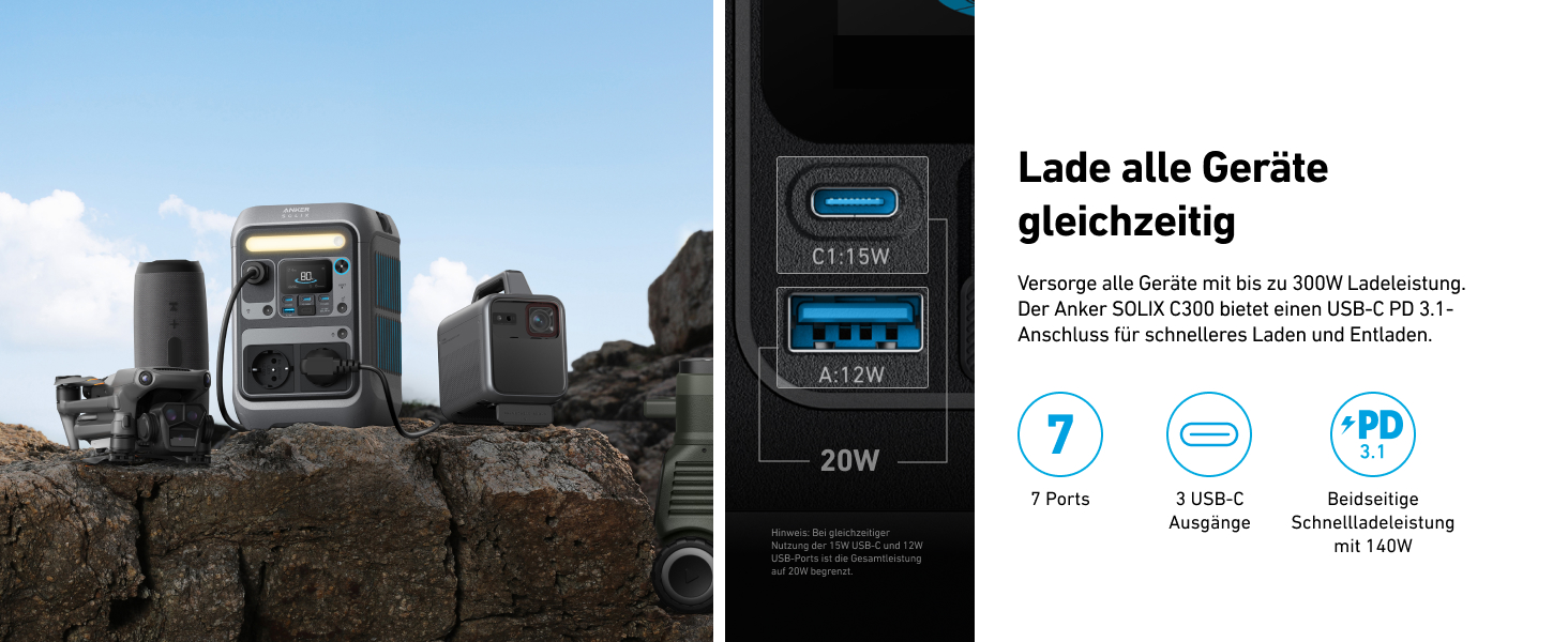 Портативна електростанція Anker SOLIX C300: 288Wh LiFePO4, 300W (макс. 600W), сонячний генератор, 140W швидка зарядка. Для кемпінгу, подорожей, надзвичайних ситуацій. (Сонячна панель опціонально)