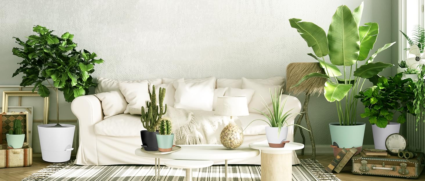 5 кашпо з пластику з системою поливу, 17.8/16.5/15.2/13.9/12.7 см. Самополивні горщики з підставкою, круглі, для квітів, сукулентів, кактусів, для дому, балкону, саду. Білий, коричневий колір