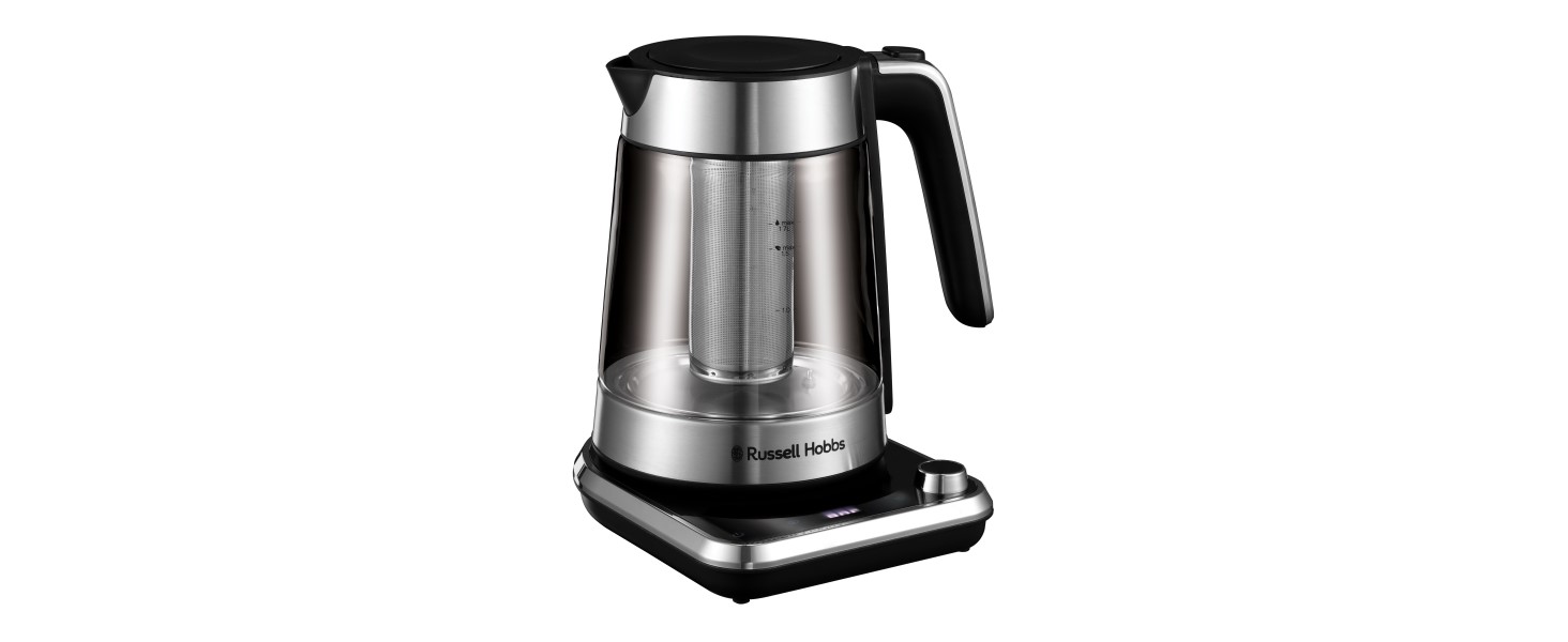 Скляний електрочайник Russell Hobbs Attentiv 26200-70 з регулюванням температури (40-100°C), ситом для чаю, цифровим керуванням та функцією підігріву, 1.7л, 2400Вт, нержавіюча сталь