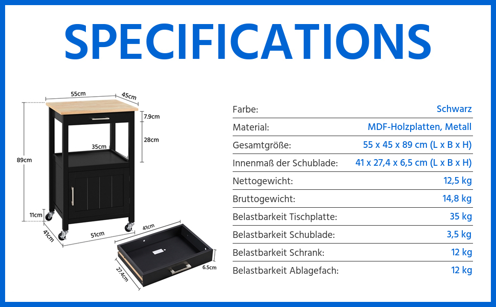 Кухонний візок Yaheetech на колесах з шафкою та полицею, 55x45x89 см, білий (чорний)