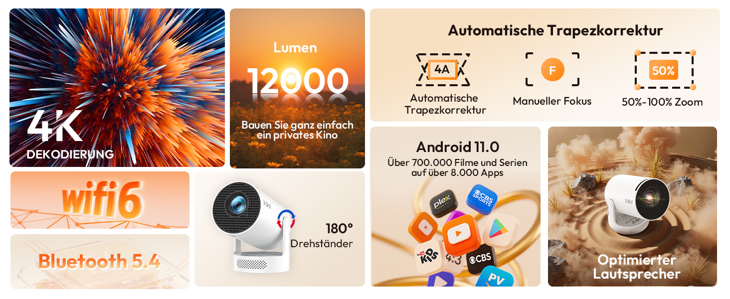 Портативний проєктор Xgody Gimbal 3: 720P HD, 4K/1080P, 12000 Люмен, Android 11.0, WiFi 6, Bluetooth, Auto Keystone, для домашнього кінотеатру