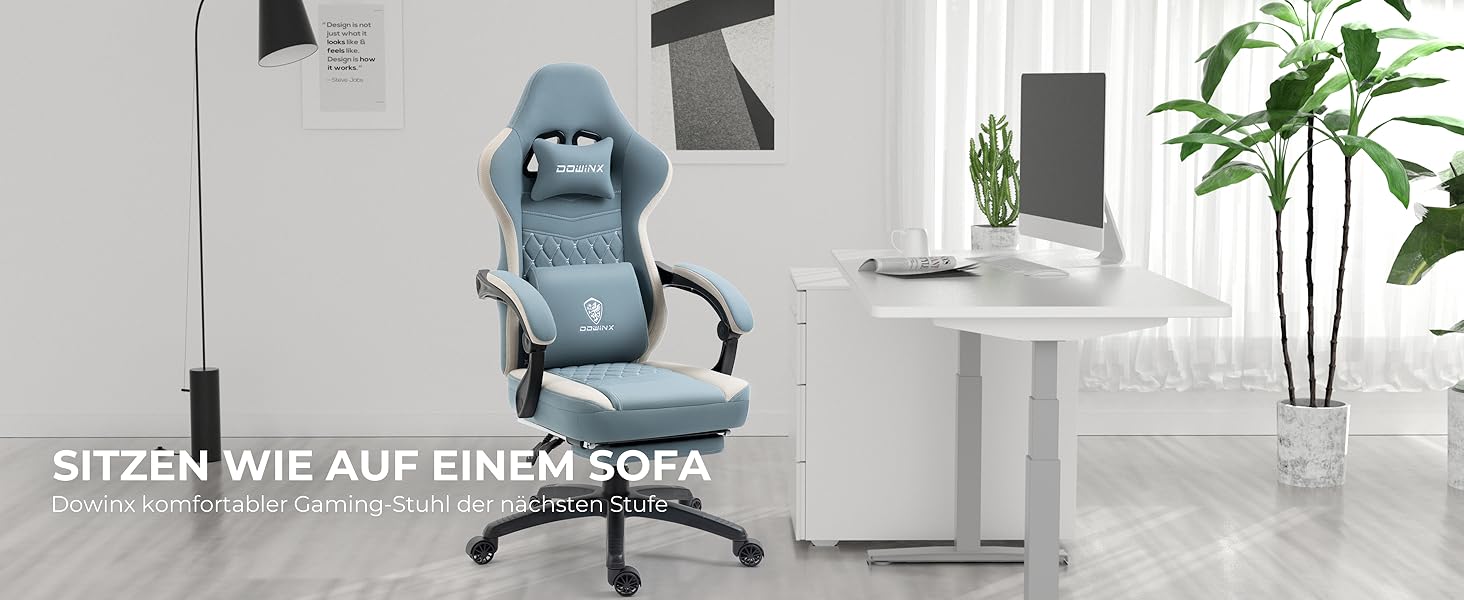 Ігровий крісло Dowinx з тканинною оббивкою, гелевою подушкою та пружинним блоком, ергономічний офісний крісло з підніжкою, крісло-масажер для геймерів, для дорослих (Блакитний)