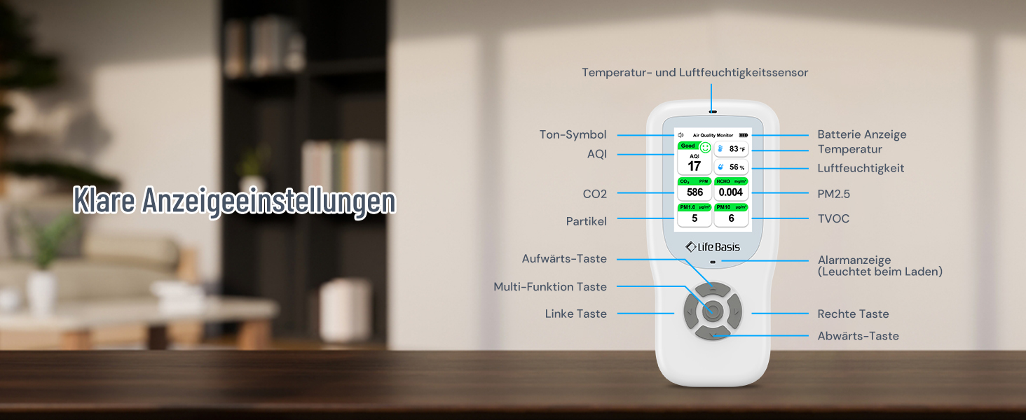 Детектор якості повітря LifeBasis 10 в 1: Формальдегід, AQI, PM2.5, PM10, HCHO, TVOC, CO2, Температура, Вологість. USB-зарядка для дому та офісу