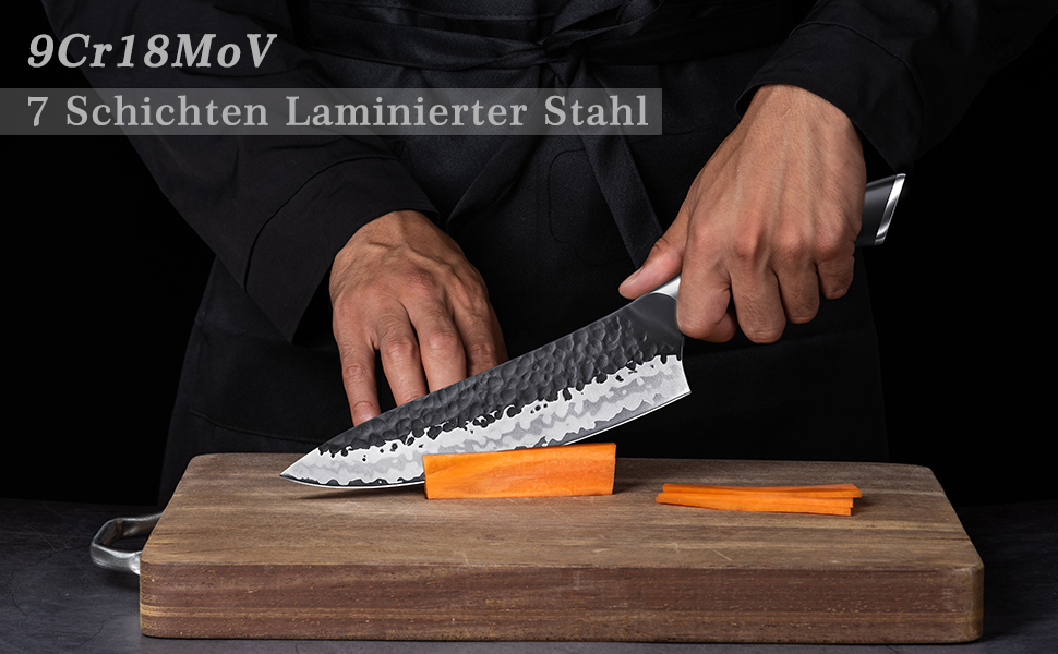 Японський ніж SHAN ZU Gyuto 20 см з 7 шарів вуглецевої сталі - професійний кухонний ніж для м'яса та овочів з акацієвим дерев'яним руків'ям