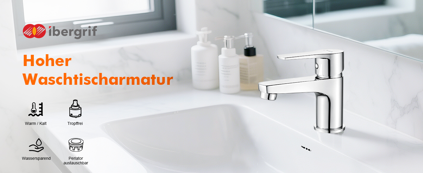 Ibergrif - Змішувач для ванної кімнати з одним важелем, хром. Змішувач для раковини з водозберігаючою функцією, анти-відбитки пальців, легка установка, модель M11057. Без функції холодного старту.