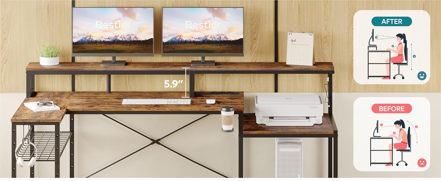 Ігровий стіл Bestier 181x80 см з LED-підсвіткою, L-подібний, 3 розетки AC, 2 USB, для комп'ютера, з великою платформою для монітора, карбон (коричневий)