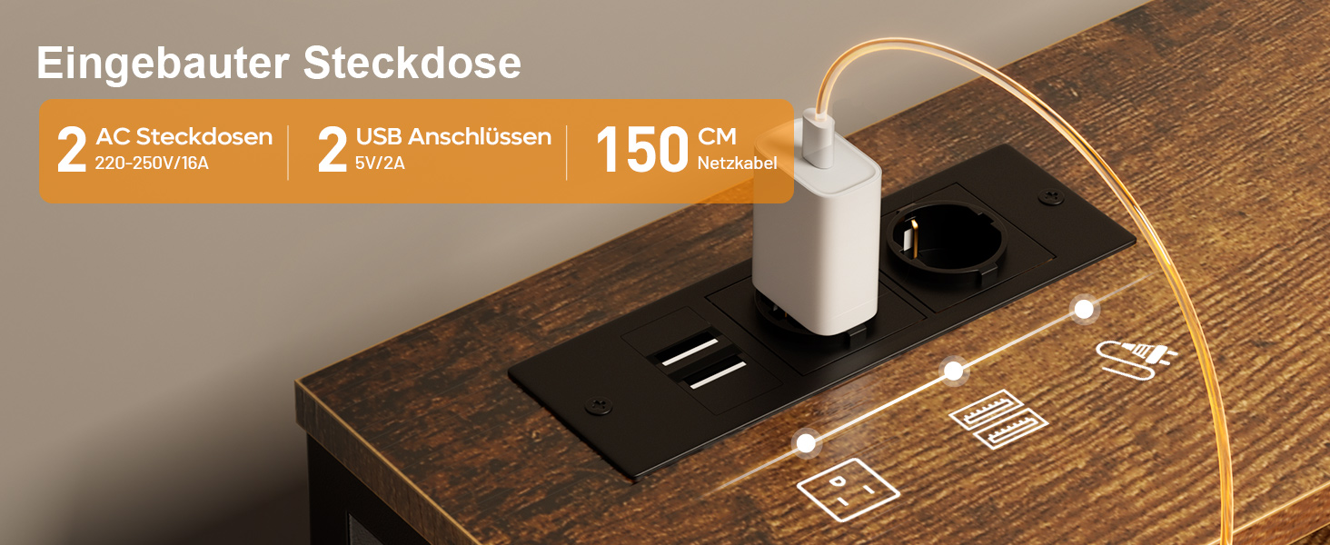 Комп'ютерний стіл з 8 висувними ящиками, 2 розетками, USB-портами, LED-підсвічуванням та підставкою для монітора, 120 x 50 x 74 см, Колір: Коричневий