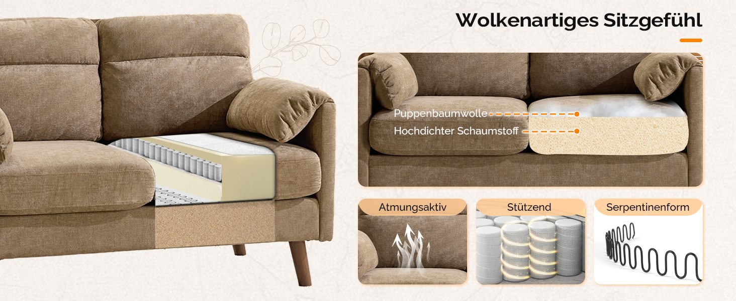 Диван Bonnlo 2-місний, компактний, 125 см, тканинний, з м'якими підлокітниками, для офісу, вітальні, спальні, кабінету, легка збірка, льон, коричневий