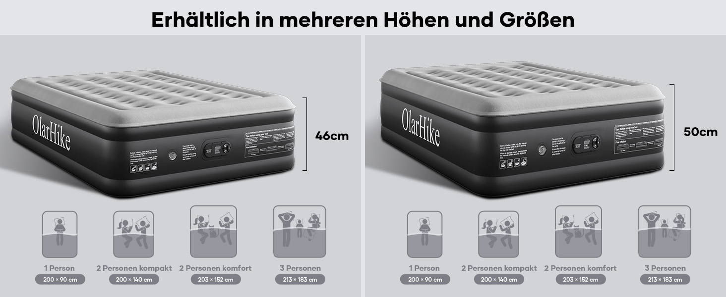 Надувний матрац OlarHike для кемпінгу та дому (2 особи) - 203x152x46 см, чорний