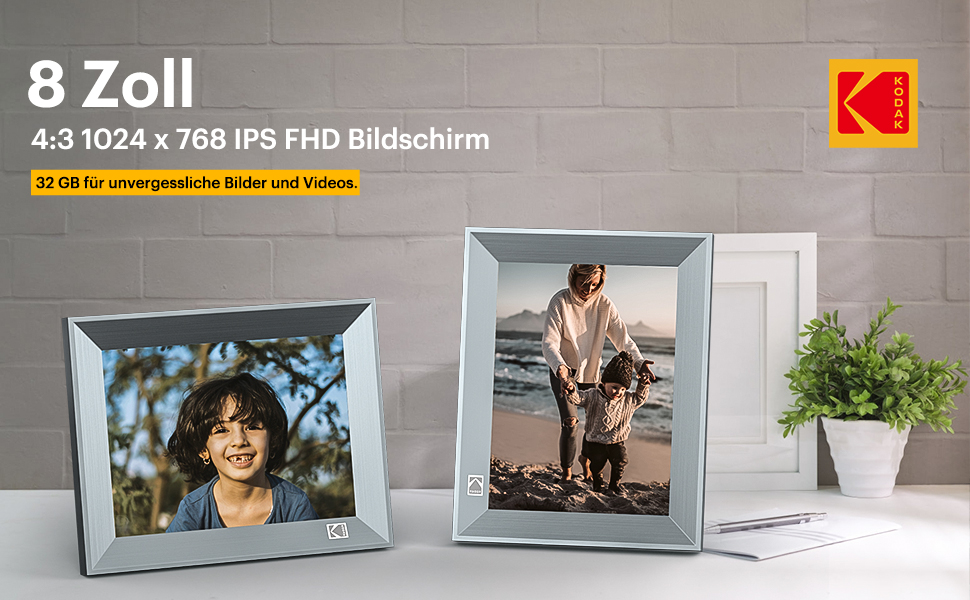 Цифровий фоторамка Kodak 10 дюймів з Wi-Fi, акумулятором 4000mAh та 32GB пам'яті, IPS HD сенсорний екран, авто-поворот, для перегляду фото та відео (10 дюймів, сірий)